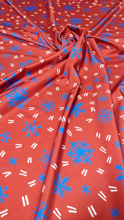 Christmas Snowflakes Print (Royal/Red) on Poly Spandex Fabric | (4 Way Stretch/Per Yard)