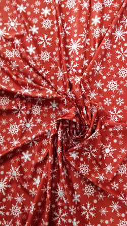 Christmas Snowflakes Print (White/Crimson) on Poly Spandex Fabric | (4 Way Stretch/Per Yard)