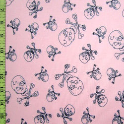 Skulls and Bones Printed on Poly Mesh Fabric (Pink) | (4 Way Stretch/Per Yard)