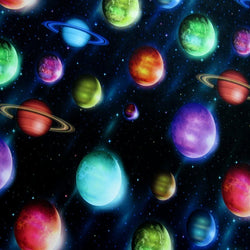 Planets in Space Print on Poly Spandex Fabric | (4 Way Stretch/Per Yard)