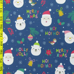 Christmas Jolly Santa Claus and Bear Print on Poly Spandex Fabric (Midnight Blue) | (4 Way Stretch/Per Yard)