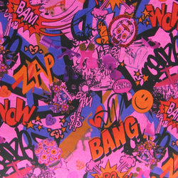 Bang Theme Graffiti Print with Holographic Multicolored Dots on Poly Spandex Fabric (Hot Pink/Red) | (4 Way Stretch/Per Yard)