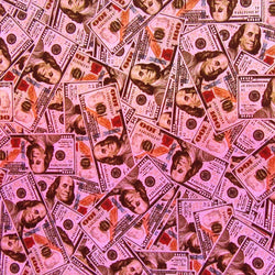 Holographic Money Print (100 Dollar) with Gold Shiny Dots on Poly Spandex Fabric (Fuchsia) | (4 Way Stretch/Per Yard)