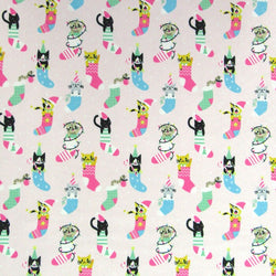 Merry Christmas Cat in Stockings Print on Poly Spandex Fabric (Light Pink) | (4 Way Stretch/Per Yard)