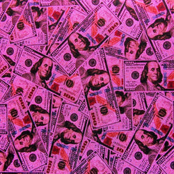 Holographic Money Print (100 Dollar Bill) with Hot Pink Shiny Dots on Poly Spandex Fabric (Hot Pink) | (4 Way Stretch/Per Yard)
