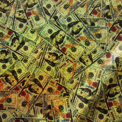Holographic Money Print with Shattered Glass Holographic Foil on Poly Spandex Fabric (Gold) | (4 Way Stretch/By The Yard)