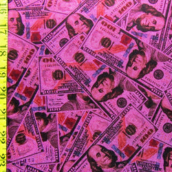 Holographic Money Print (100 Dollar Bill) with Hot Pink Shiny Dots on Poly Spandex Fabric (Hot Pink) | (4 Way Stretch/Per Yard)