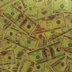Holographic Money Print (Mixed Bills) with Gold Shiny Dots on Poly Spandex Fabric (Gold) | (4 Way Stretch/Per Yard)