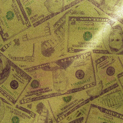 Holographic Money Print (Mixed Bills) with Gold Shiny Dots on Poly Spandex Fabric (Gold) | (4 Way Stretch/Per Yard)