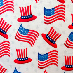 USA Flag Print with Hat on Poly Spandex Fabric | (4 Way Stretch/Per Yard)