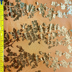 Floral Print on Burnout Velvet Nylon Mesh (Gold) | (4 Way Stretch/Per Yard)