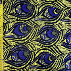 Peacock Print on Nylon Spandex Fabric (Yellow/Purple/Black) | (4 Way Stretch/Per Yard)