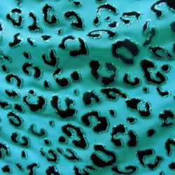 Leopard Print with Turquoise Glitter on Turquoise Stretch Mesh Fabric | (2 Way Stretch/Per Yard)